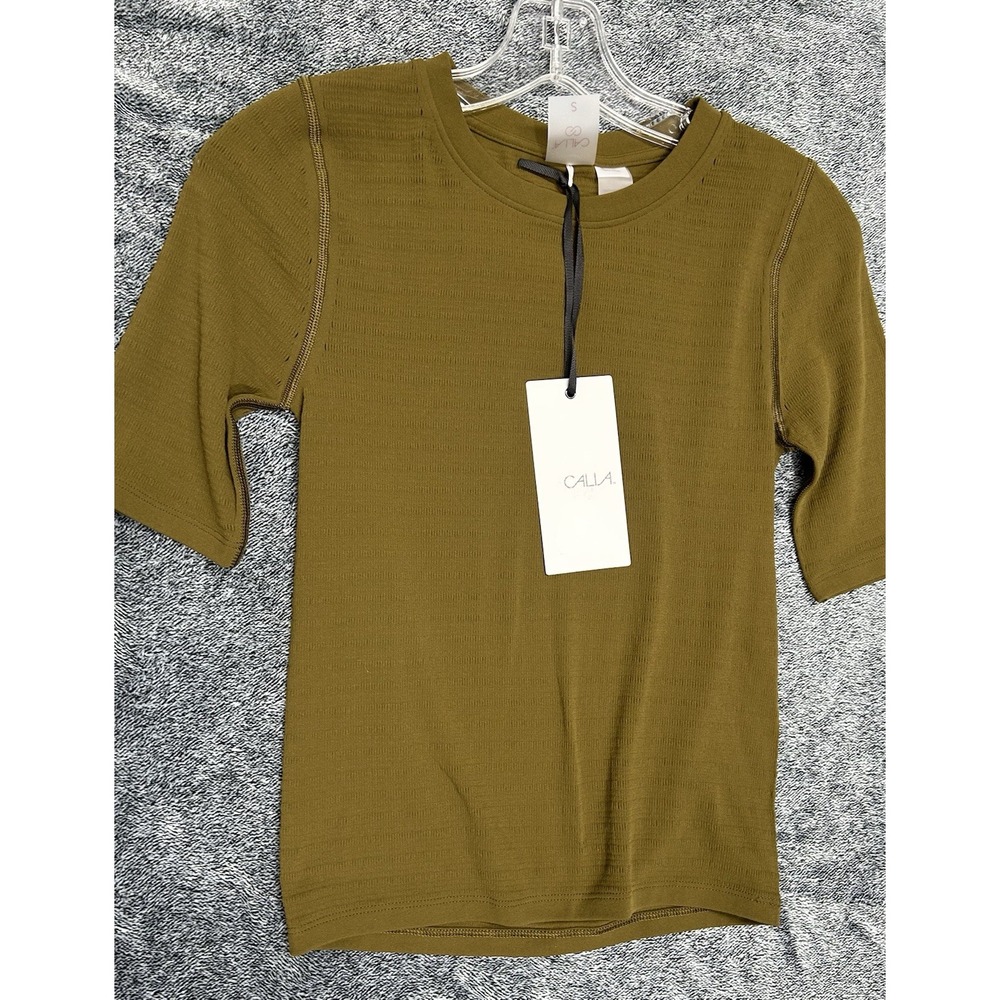 Calia Women's Small Focus Seamless Crop Dark Khaki Olive Short Sleeve Tee (B9)